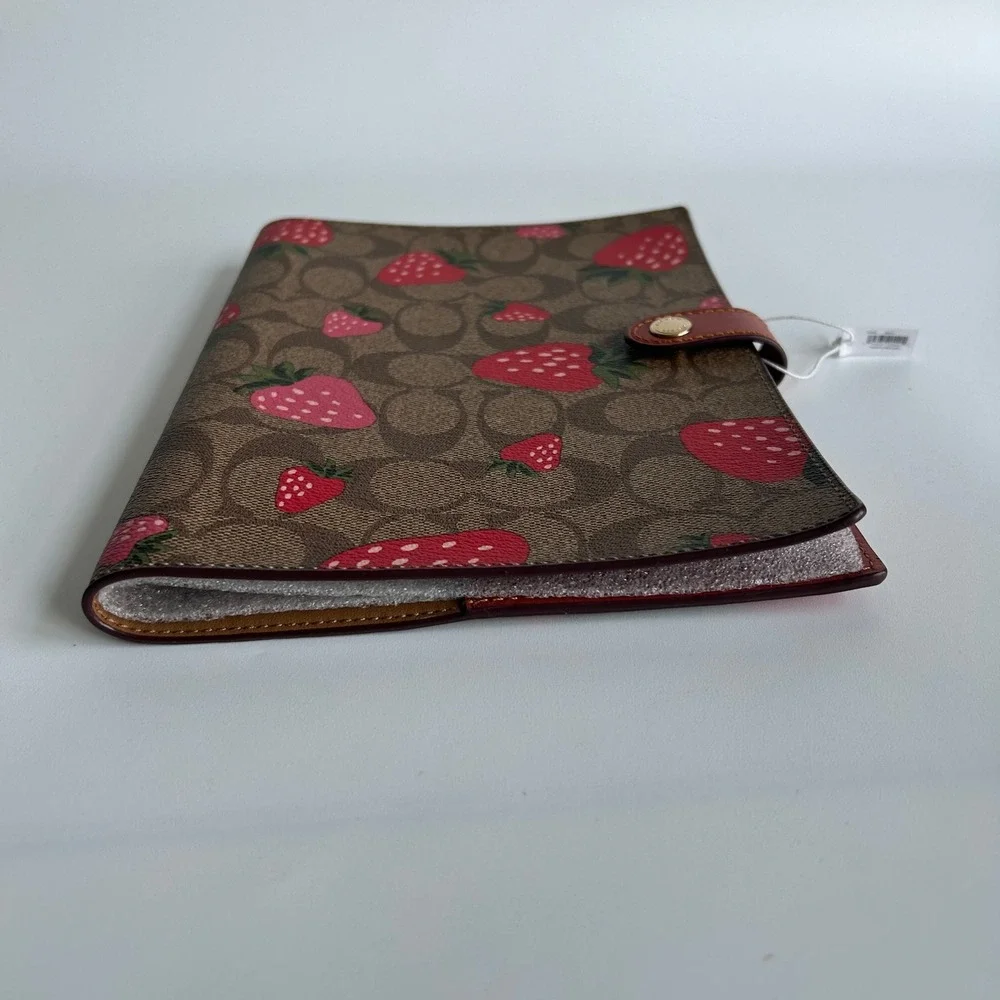 Coach Notebook Cover Signature Canvas Strawberry Print Brown Leather CH490